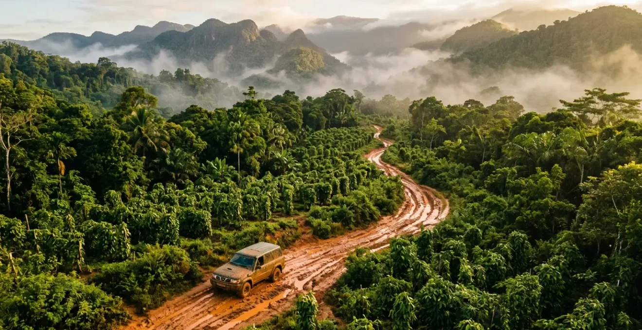 Véhicule 4x4 traversant une piste boueuse dans un paysage tropical avec végétation luxuriante