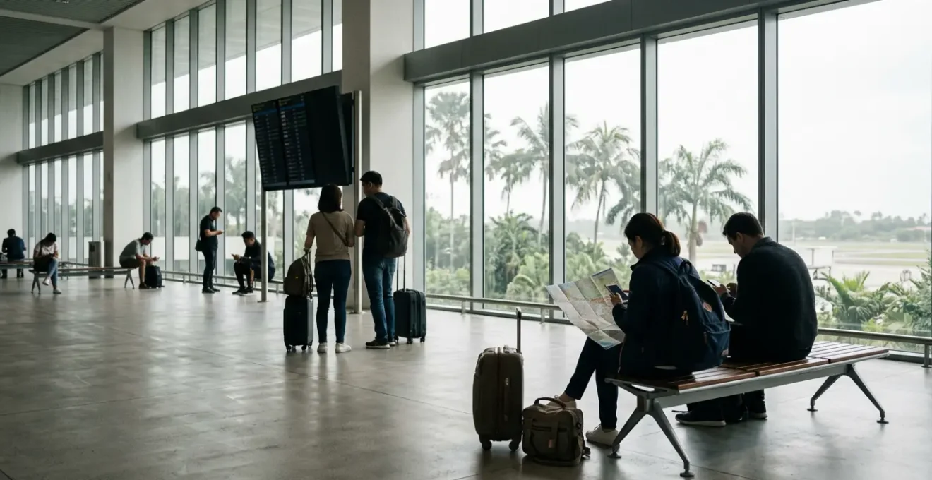 Voyageurs dans un hall d'aéroport avec leurs bagages, consultant des cartes et applications mobiles