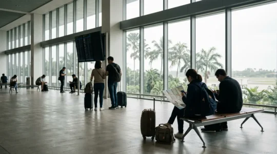 Voyageurs dans un hall d'aéroport avec leurs bagages, consultant des cartes et applications mobiles