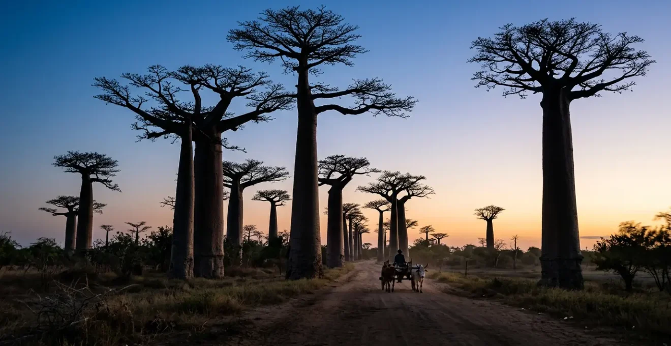Silhouettes majestueuses de baobabs à l'heure bleue avec charrettes traditionnelles malgaches