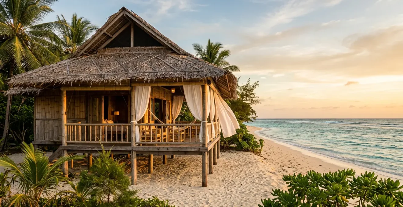 Bungalow tropical avec ventilation naturelle face à la mer au coucher du soleil