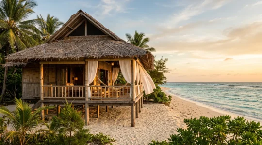 Bungalow tropical avec ventilation naturelle face à la mer au coucher du soleil