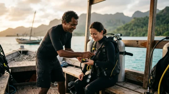 Plongeurs vérifiant leur équipement sur un bateau de plongée avec les eaux turquoise de Madagascar en arrière-plan