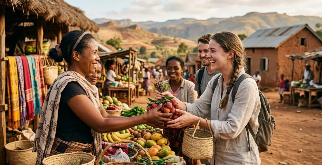Scène chaleureuse d'échange entre voyageurs et villageois malgaches autour d'un marché traditionnel