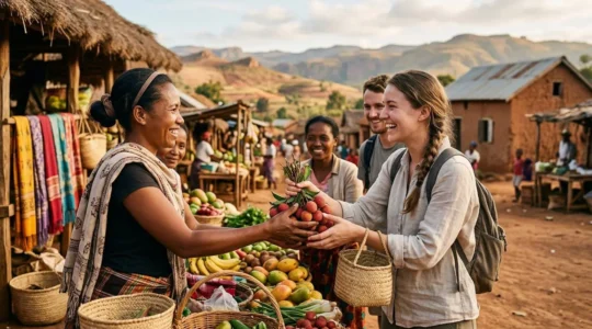 Scène chaleureuse d'échange entre voyageurs et villageois malgaches autour d'un marché traditionnel