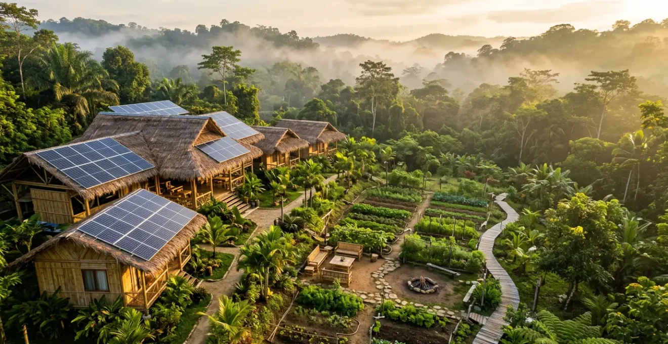 Éco-lodge alimenté par panneaux solaires avec jardin potager et toilettes sèches