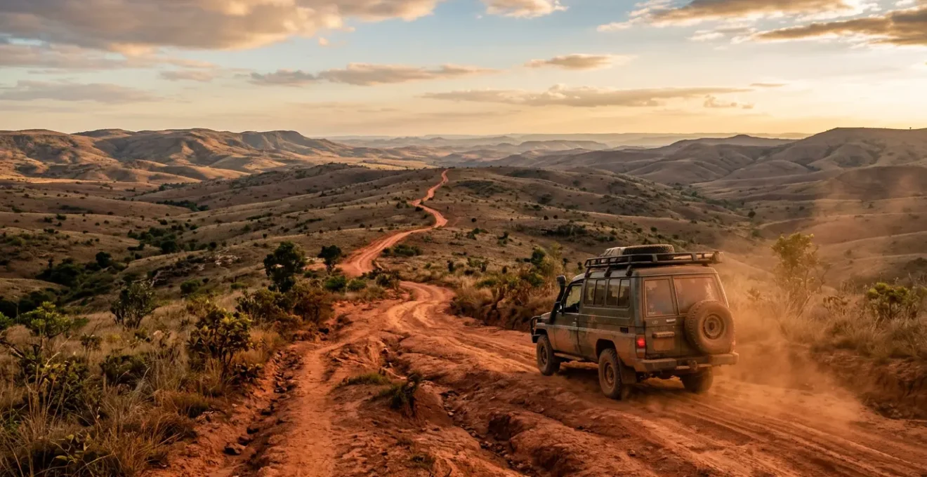 Carte de Madagascar avec itinéraire marqué et 4x4 sur route poussiéreuse