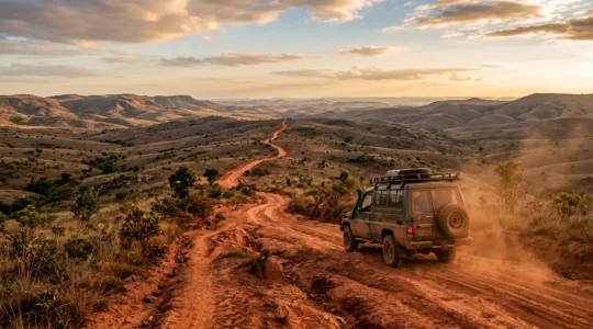 Carte de Madagascar avec itinéraire marqué et 4x4 sur route poussiéreuse