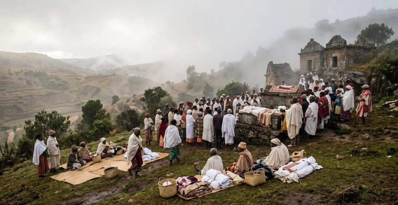 Cérémonie du Famadihana dans les hautes terres de Madagascar pendant l'hiver austral, avec des familles malgaches en vêtements traditionnels réunies autour de tombeaux ancestraux
