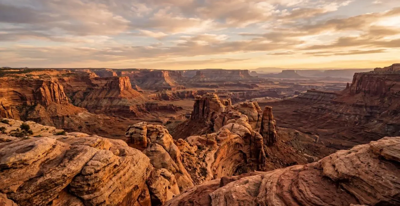 Paysage de formations de grès rougeoyant au coucher du soleil avec des reliefs érodés ressemblant aux canyons américains