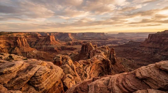 Paysage de formations de grès rougeoyant au coucher du soleil avec des reliefs érodés ressemblant aux canyons américains