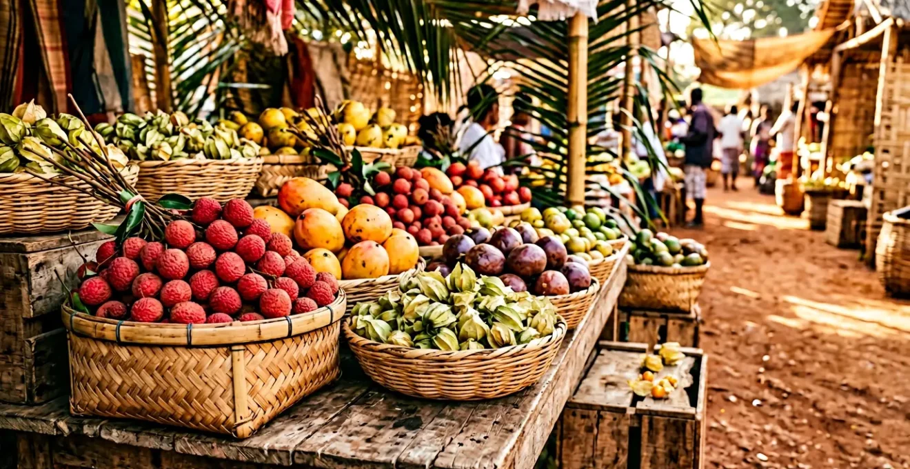 Étal de fruits tropicaux colorés sur un marché malgache pendant la saison des litchis en décembre