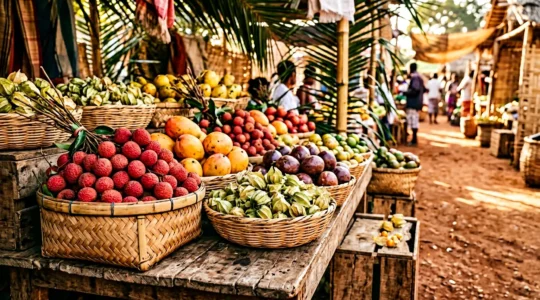 Étal de fruits tropicaux colorés sur un marché malgache pendant la saison des litchis en décembre