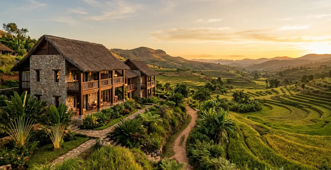 Vue panoramique d'un lodge de charme malgache alliant pierre de taille locale et bois précieux, avec toiture traditionnelle en chaume et confort moderne, dans les Hautes Terres de Madagascar