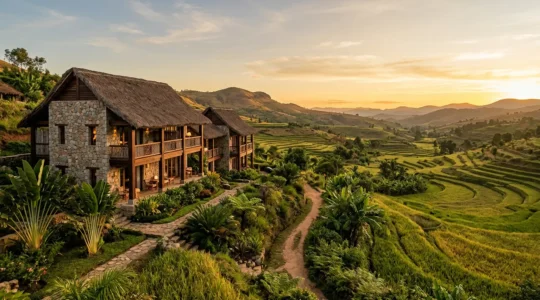 Vue panoramique d'un lodge de charme malgache alliant pierre de taille locale et bois précieux, avec toiture traditionnelle en chaume et confort moderne, dans les Hautes Terres de Madagascar