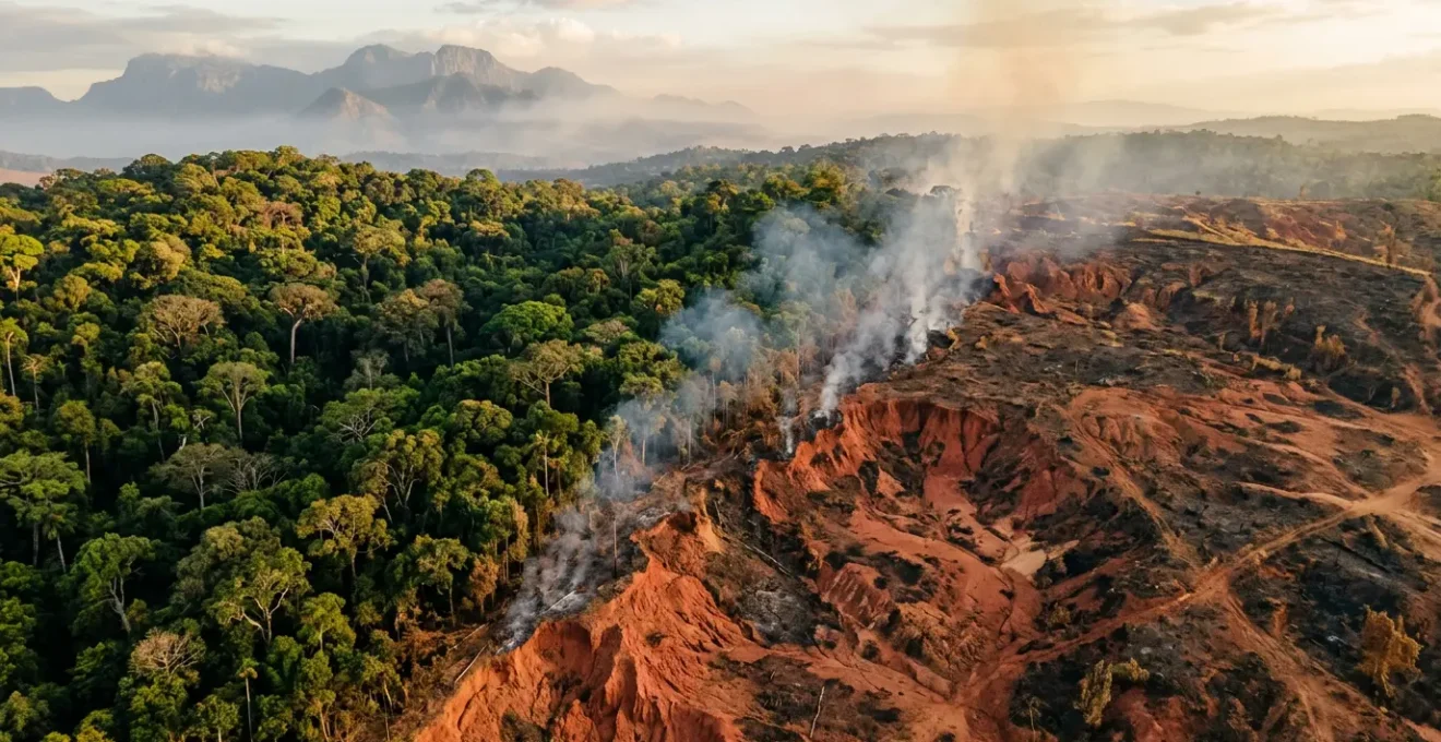 Paysage contrasté montrant une forêt tropicale dense à gauche et une terre brûlée désolée à droite à Madagascar
