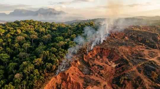 Paysage contrasté montrant une forêt tropicale dense à gauche et une terre brûlée désolée à droite à Madagascar