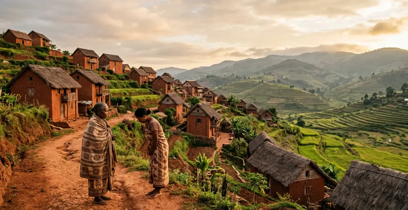 Vue panoramique d'un village traditionnel malgache avec des cases en terre rouge et des villageois en discussion respectueuse