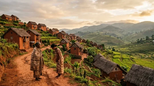 Vue panoramique d'un village traditionnel malgache avec des cases en terre rouge et des villageois en discussion respectueuse