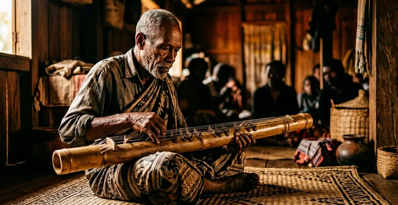 Maître de valiha jouant dans une atmosphère intime à Antananarivo sous un éclairage doré