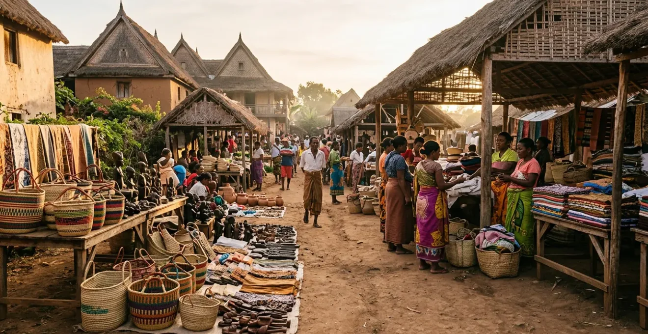 Vue immersive d'un marché artisanal malgache avec ses étals colorés et l'animation caractéristique