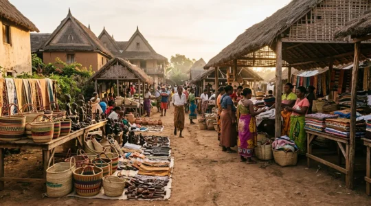 Vue immersive d'un marché artisanal malgache avec ses étals colorés et l'animation caractéristique