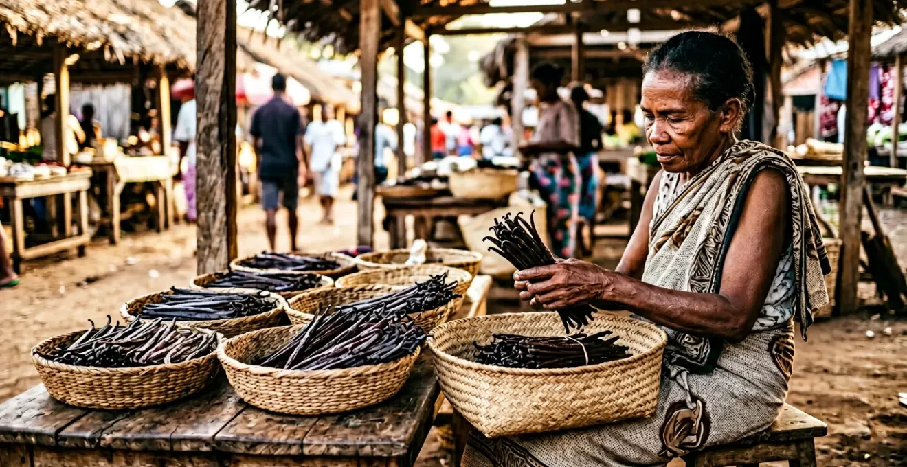 Marché aux épices traditionnel de Sambava avec présentation de gousses de vanille de qualité et négociation entre acheteur et vendeur local