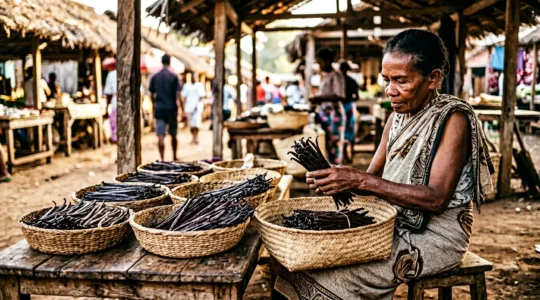 Marché aux épices traditionnel de Sambava avec présentation de gousses de vanille de qualité et négociation entre acheteur et vendeur local