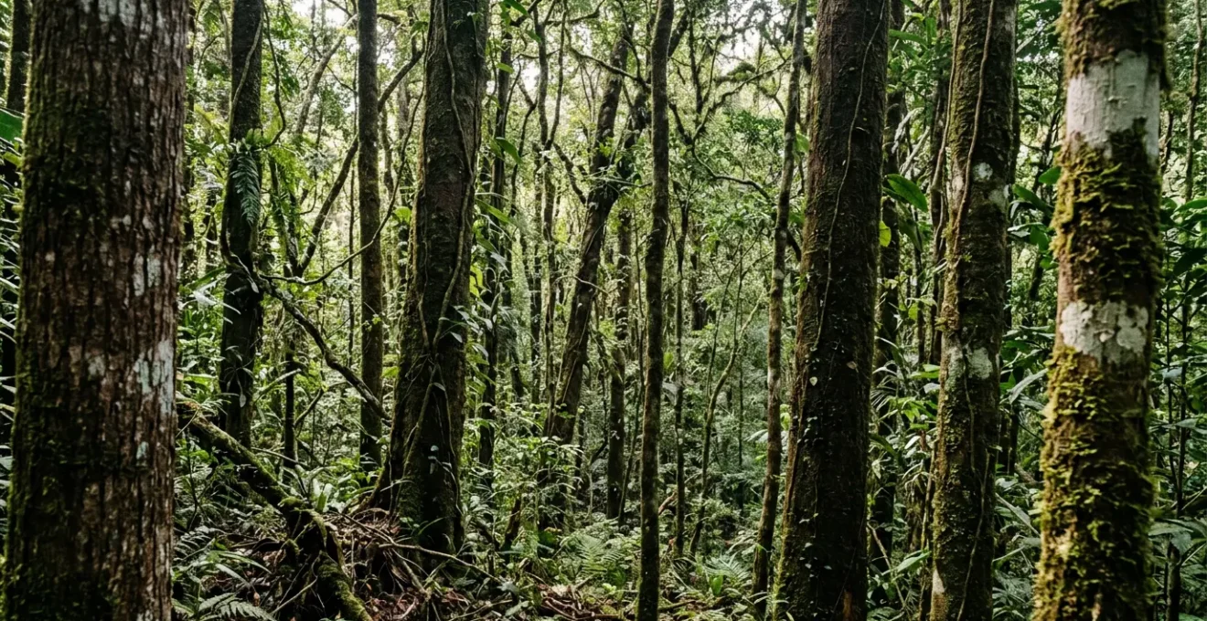 Observation minutieuse d'un caméléon camouflé sur une écorce d'arbre dans la forêt tropicale