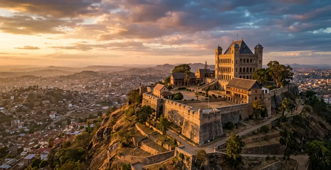 Vue aérienne majestueuse du Palais de la Reine d'Antananarivo dominant la ville