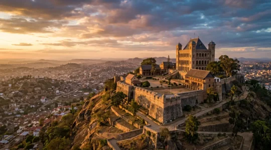 Vue aérienne majestueuse du Palais de la Reine d'Antananarivo dominant la ville