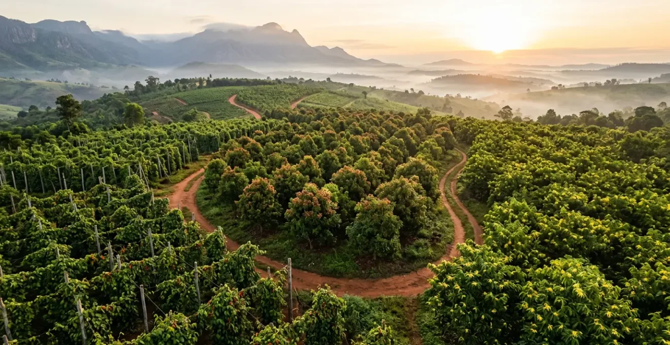 Vue aérienne d'une plantation d'épices malgache avec poivriers grimpants, girofliers fleuris et ylang-ylang dorés au soleil matinal