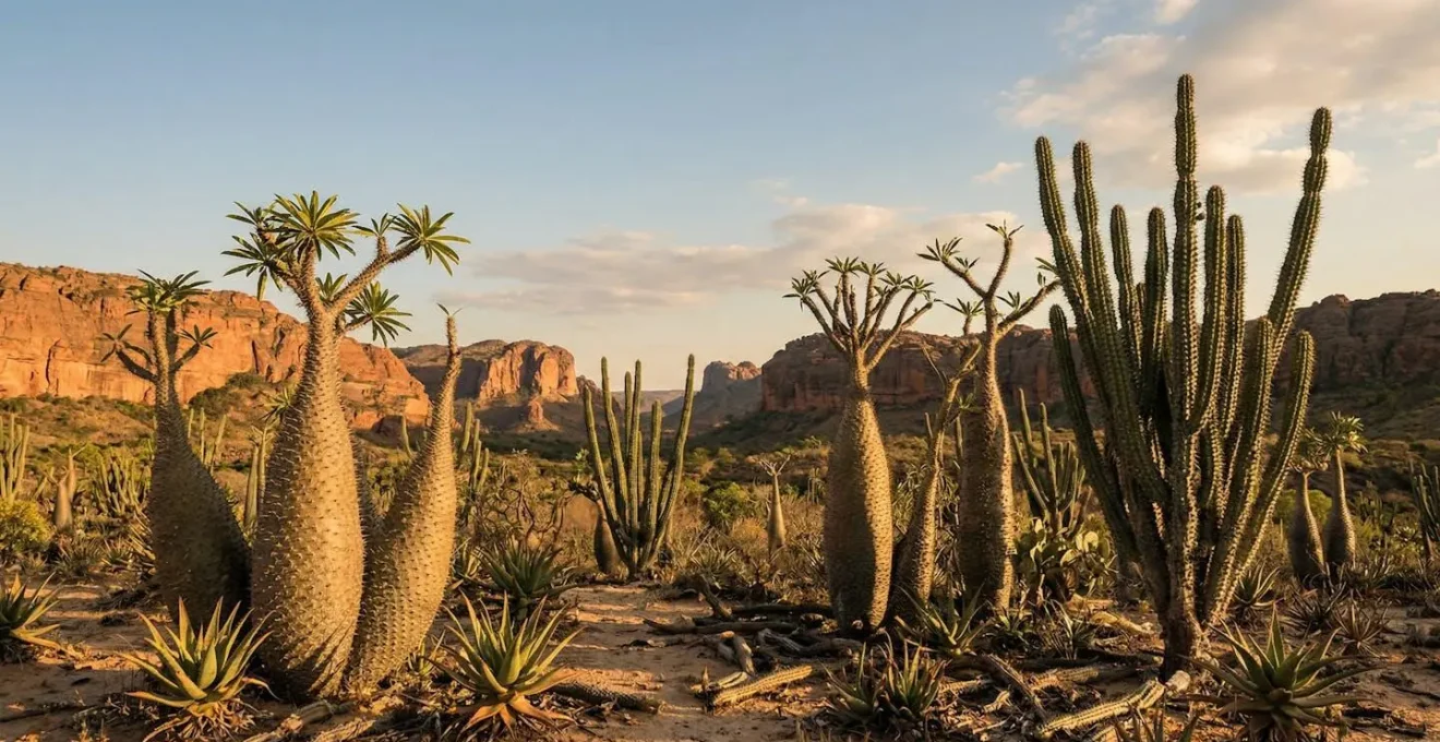 Paysage de forêt épineuse malgache avec pachypodiums et didieracées sous lumière dorée