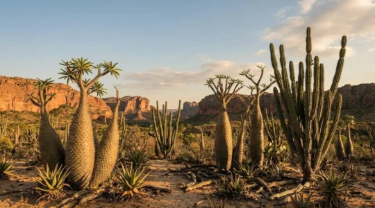 Paysage de forêt épineuse malgache avec pachypodiums et didieracées sous lumière dorée