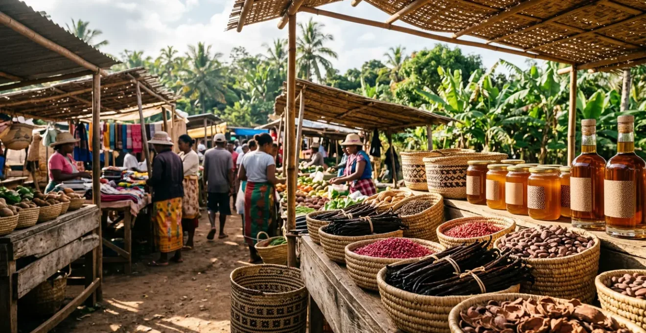 Marché coloré malgache avec épices, vanille et produits du terroir disposés dans des paniers tressés