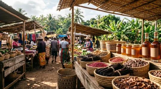 Marché coloré malgache avec épices, vanille et produits du terroir disposés dans des paniers tressés