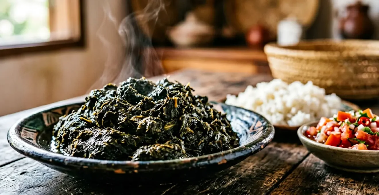 Assiette de Ravitoto aux feuilles de manioc pilées de couleur vert foncé accompagnée de riz blanc et de rougail de tomates