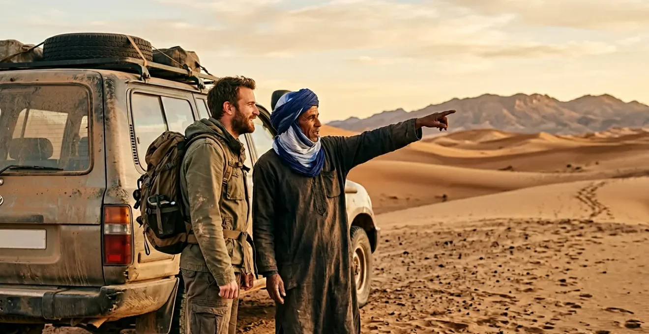 Rencontre humaine entre voyageur et chauffeur guide au coucher du soleil dans le désert