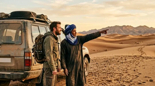 Rencontre humaine entre voyageur et chauffeur guide au coucher du soleil dans le désert