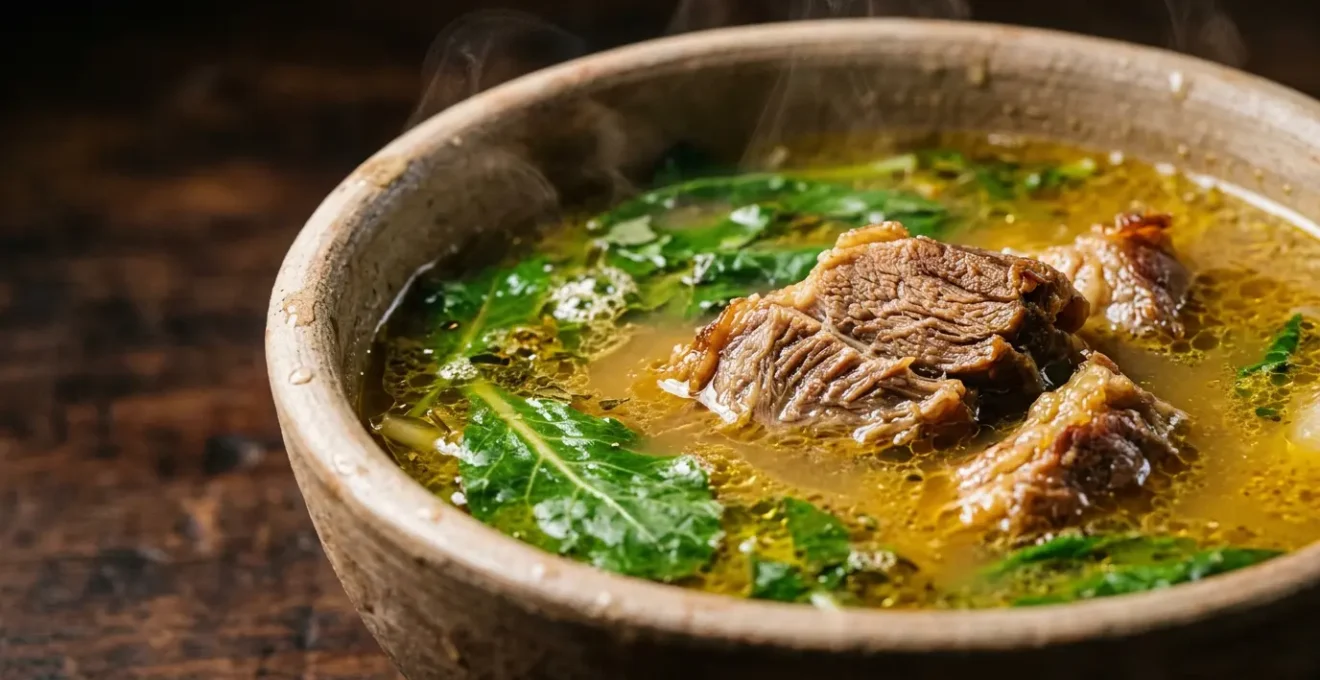 Plat de Romazava royal avec bouillon doré, morceaux de zébu et brèdes dans un bol traditionnel malgache