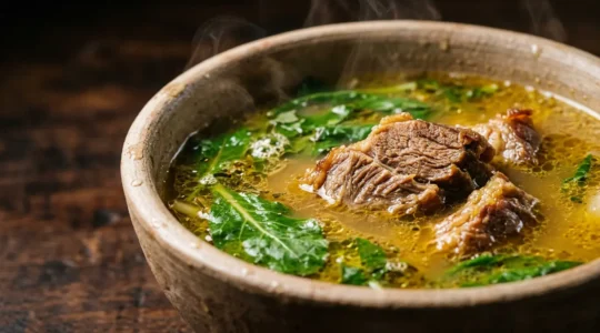 Plat de Romazava royal avec bouillon doré, morceaux de zébu et brèdes dans un bol traditionnel malgache