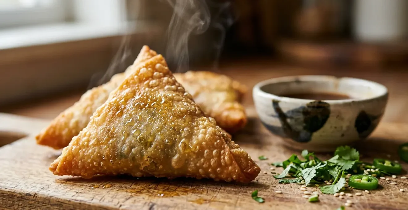 Sambos malgaches fraîchement frits à la pâte dorée et croustillante, vapeur s'échappant, avec épices et sauces traditionnelles