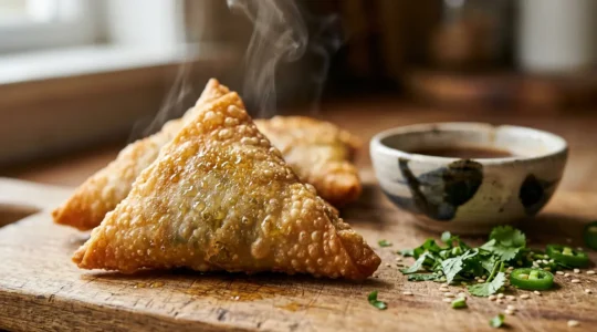 Sambos malgaches fraîchement frits à la pâte dorée et croustillante, vapeur s'échappant, avec épices et sauces traditionnelles