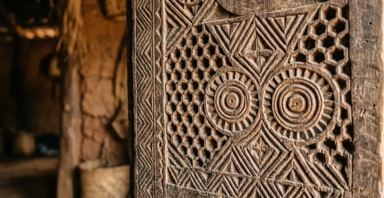 Détails de sculptures géométriques zafimaniry sur des volets en bois de palissandre représentant des motifs traditionnels