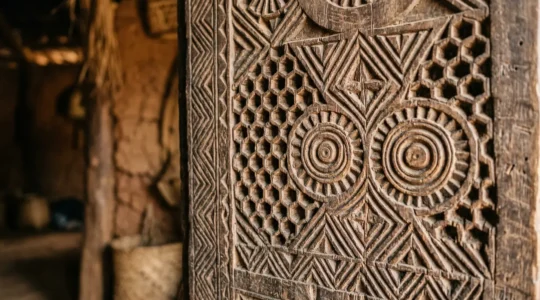 Détails de sculptures géométriques zafimaniry sur des volets en bois de palissandre représentant des motifs traditionnels