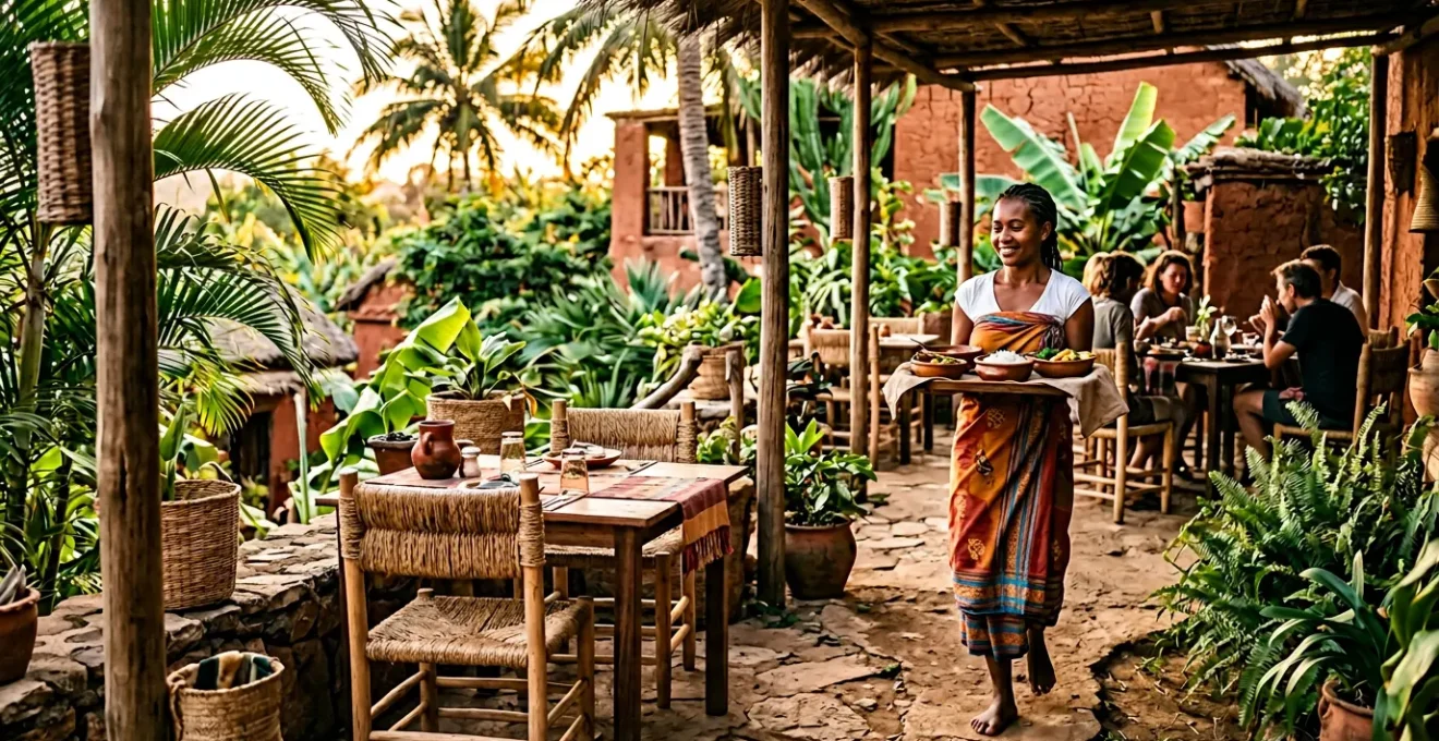 Serveur malgache en tenue traditionnelle dans un restaurant local avec une atmosphère chaleureuse et détendue
