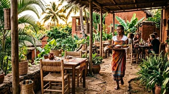 Serveur malgache en tenue traditionnelle dans un restaurant local avec une atmosphère chaleureuse et détendue
