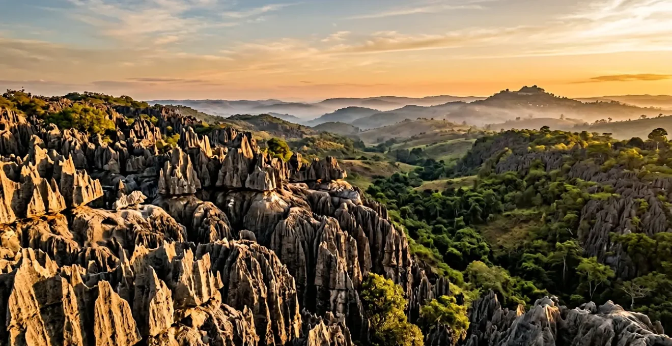 Paysage spectaculaire des formations rocheuses Tsingy de Madagascar et collines sacrées au coucher du soleil