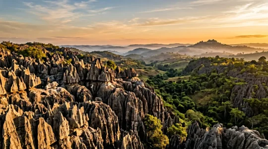 Paysage spectaculaire des formations rocheuses Tsingy de Madagascar et collines sacrées au coucher du soleil