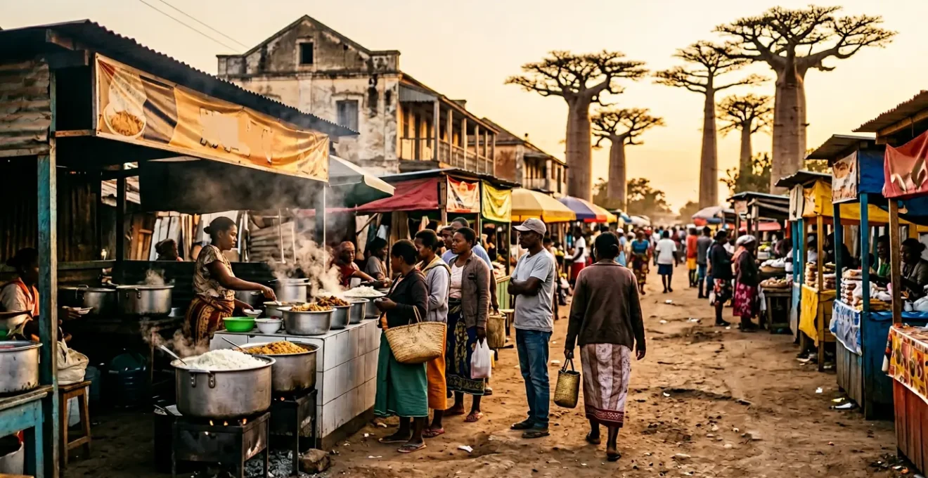 Marché de street food animé à Madagascar avec des stands propres et des habitants faisant la queue
